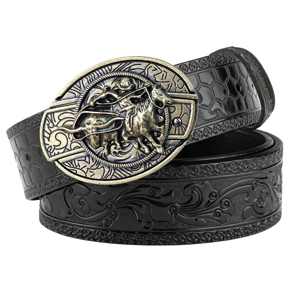 Western Embossed Black Leather Belt with Antique Brass Rodeo Buckle - CowderryBeltsCalf Roper