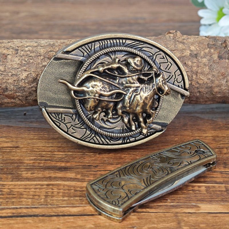 Western Embossed Black Leather Belt with Antique Brass Rodeo Buckle - CowderryBeltsEagle & Serpent