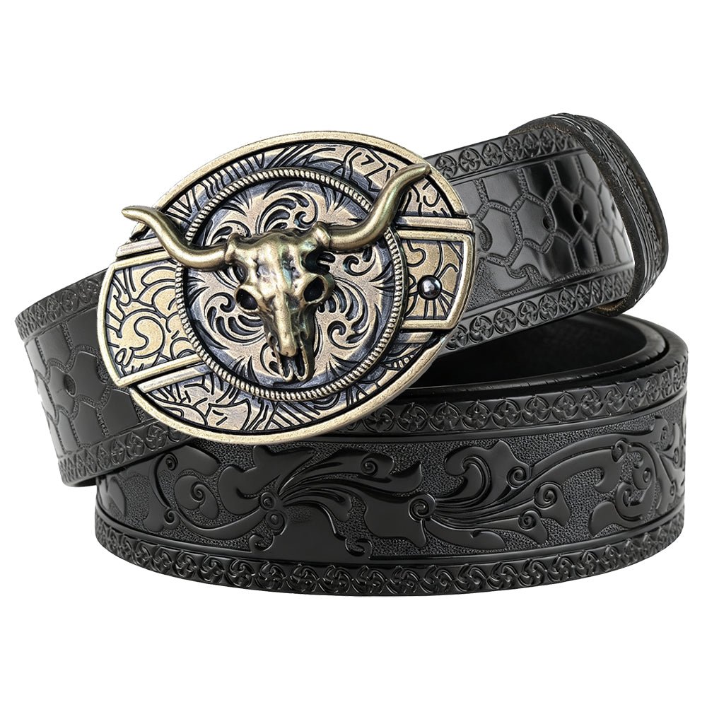 Western Embossed Black Leather Belt with Antique Brass Rodeo Buckle - CowderryBeltsLonghorn Skull