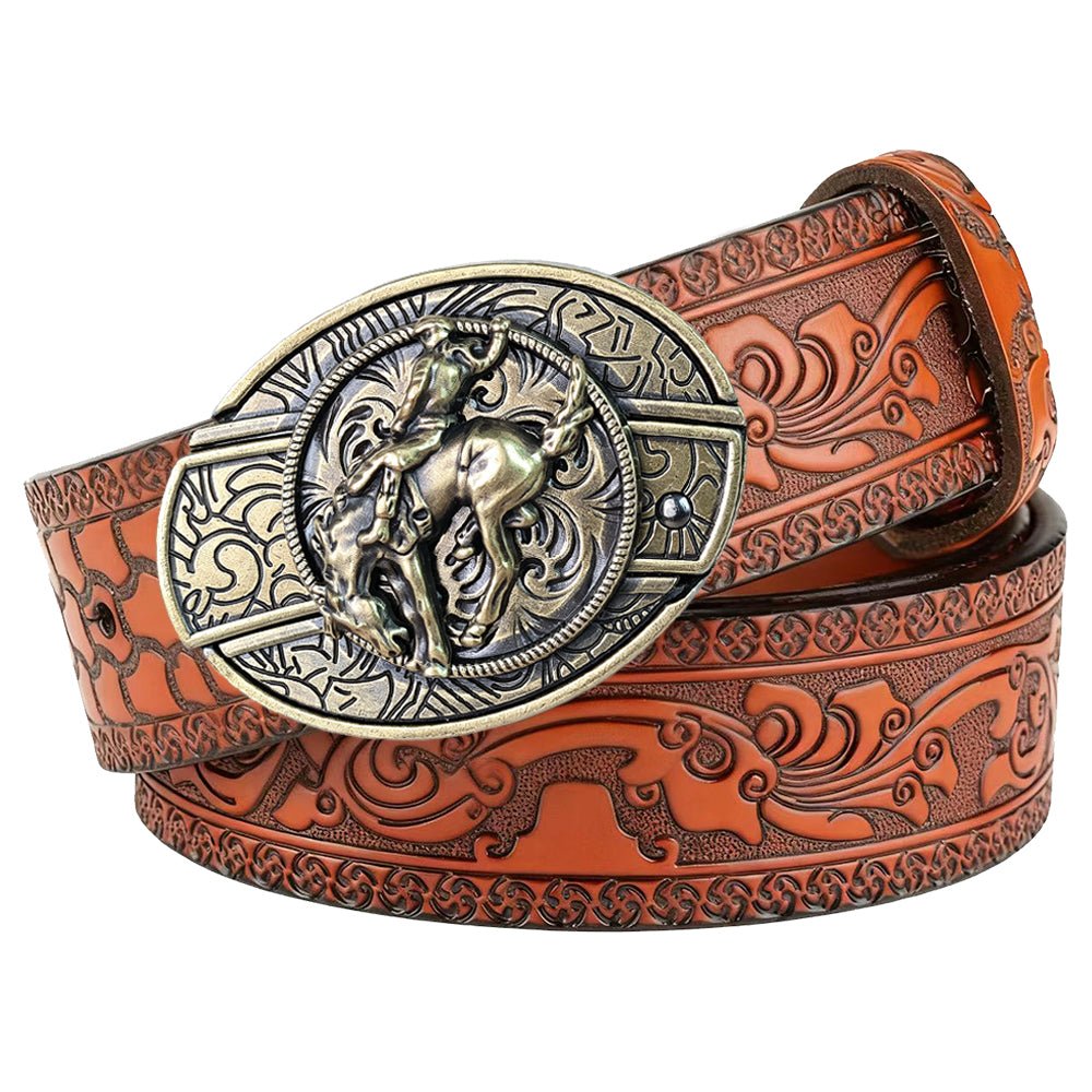 Western Embossed Brown Leather Belt with Antique Brass Rodeo Buckle - CowderryBeltsBronc Rider