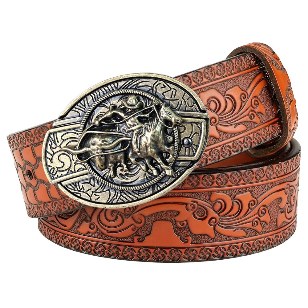 Western Embossed Brown Leather Belt with Antique Brass Rodeo Buckle - CowderryBeltsCalf Roper