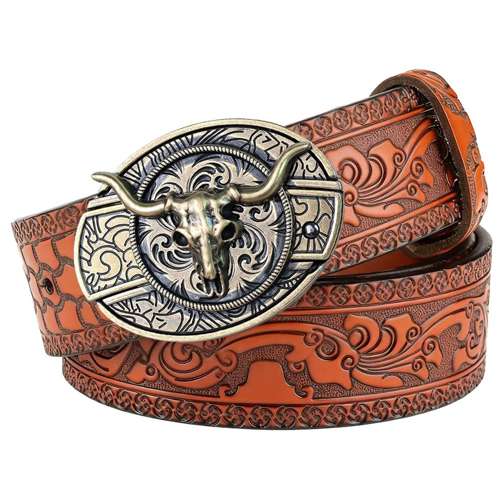 Western Embossed Brown Leather Belt with Antique Brass Rodeo Buckle - CowderryBeltsLonghorn Skull