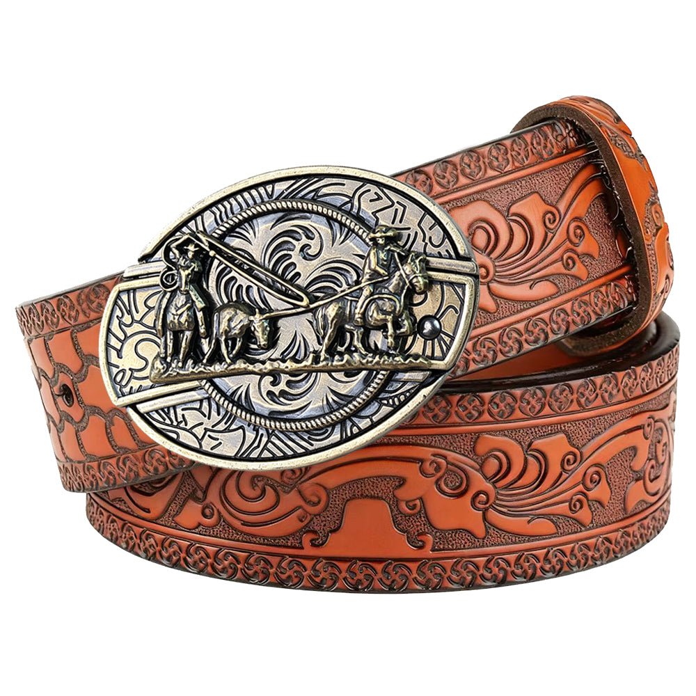 Western Embossed Brown Leather Belt with Antique Brass Rodeo Buckle - CowderryBeltsTeam Roper