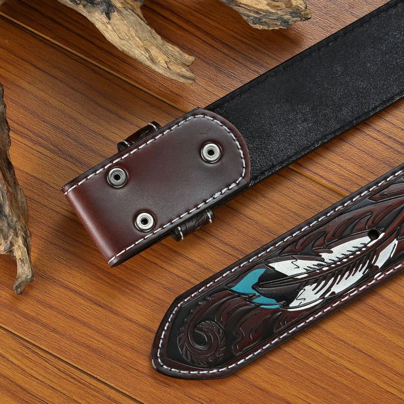 Western Feather Embossed Belt Strap Without Buckle - CowderryBelt31 - 34 (Fit Waist 29 - 32 in)