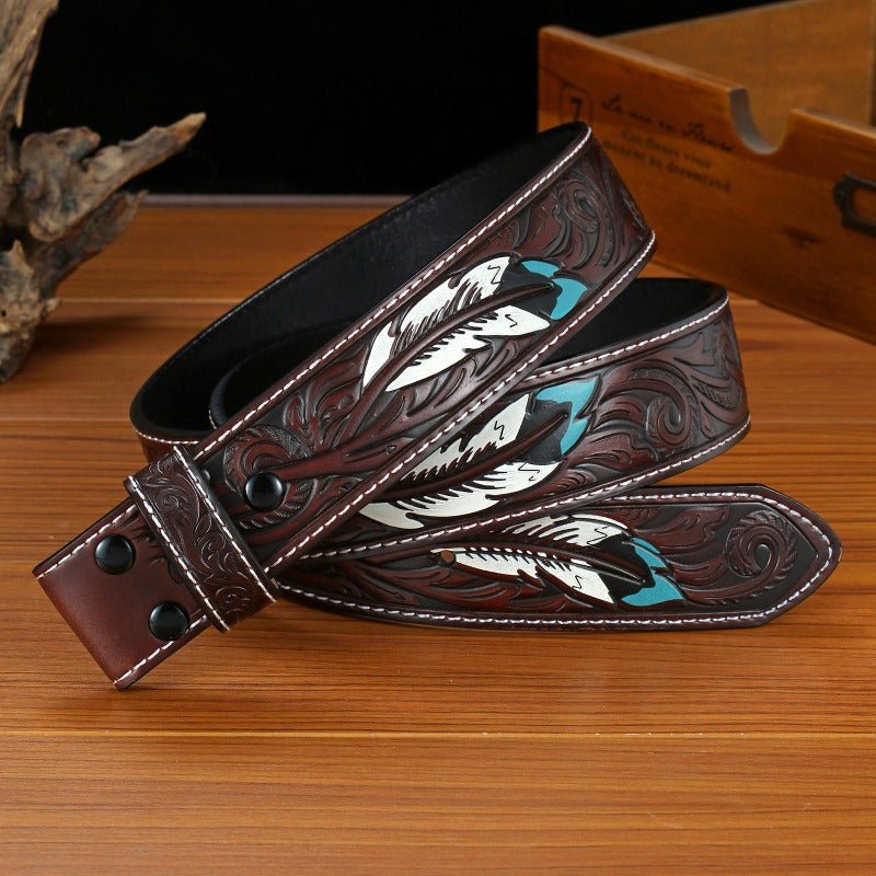 Western Feather Embossed Belt Strap Without Buckle - CowderryBelt31 - 34 (Fit Waist 29 - 32 in)