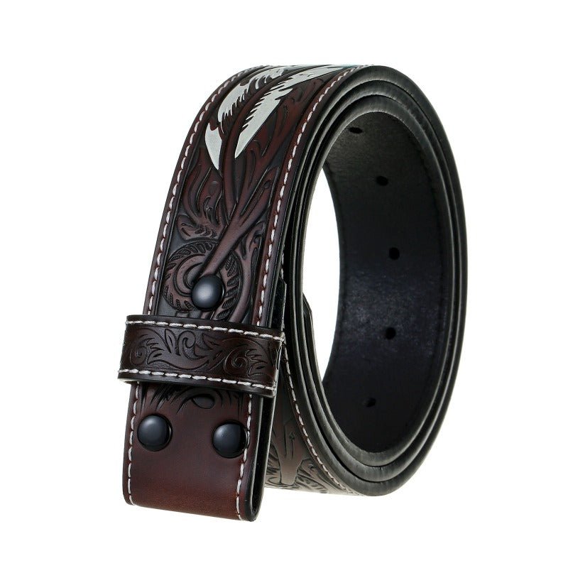 Western Feather Embossed Belt Strap Without Buckle - CowderryBelt31 - 34 (Fit Waist 29 - 32 in)