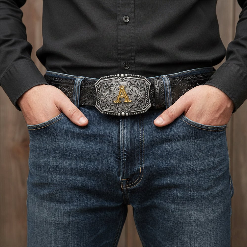 Western Floral Engraved Black Leather Belt with Gold Initial Letters A - Z Buckle - CowderryA