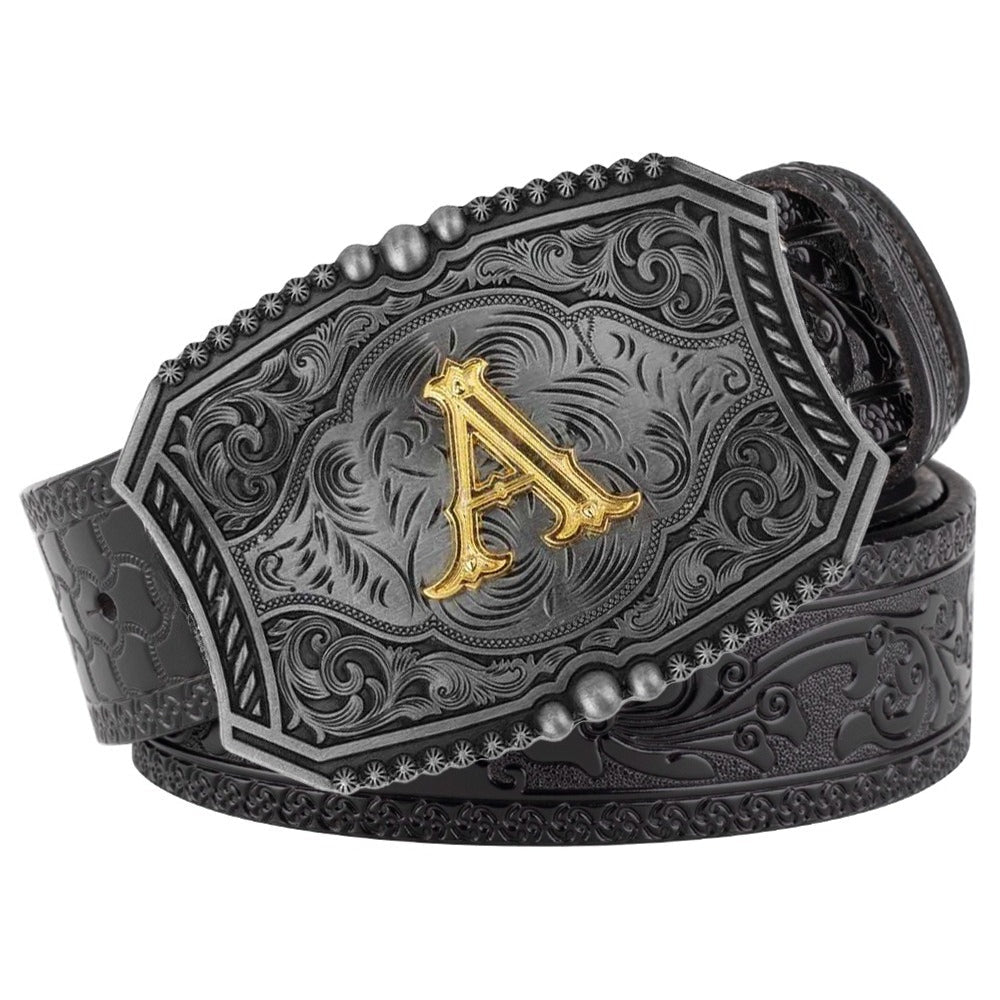 Western Floral Engraved Black Leather Belt with Gold Initial Letters A - Z Buckle - CowderryA