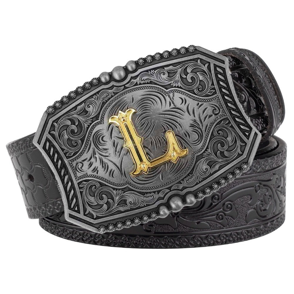 Western Floral Engraved Black Leather Belt with Gold Initial Letters A - Z Buckle - CowderryL