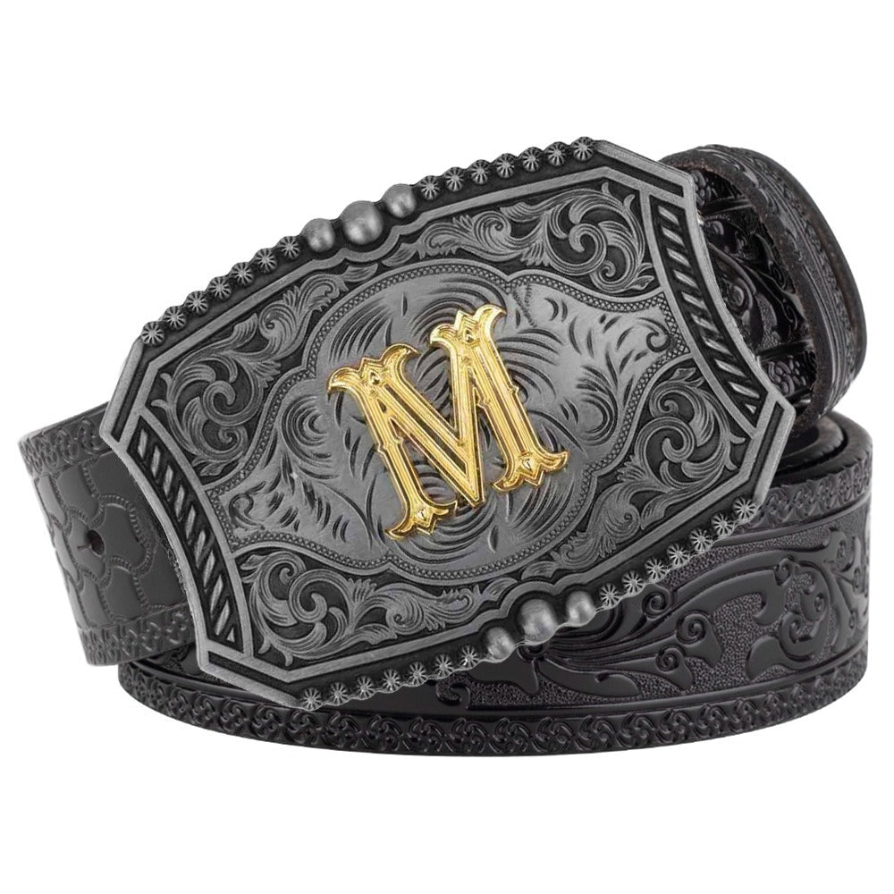 Western Floral Engraved Black Leather Belt with Gold Initial Letters A - Z Buckle - CowderryM