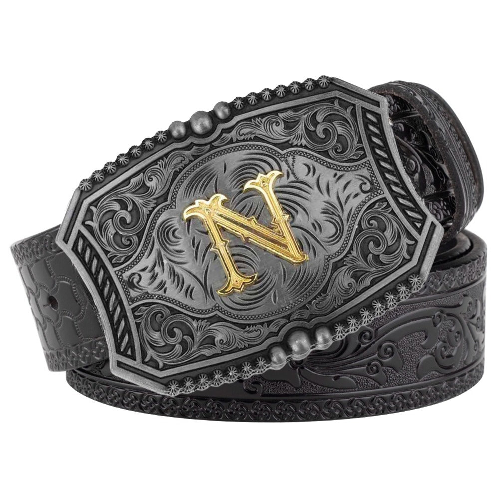 Western Floral Engraved Black Leather Belt with Gold Initial Letters A - Z Buckle - CowderryN