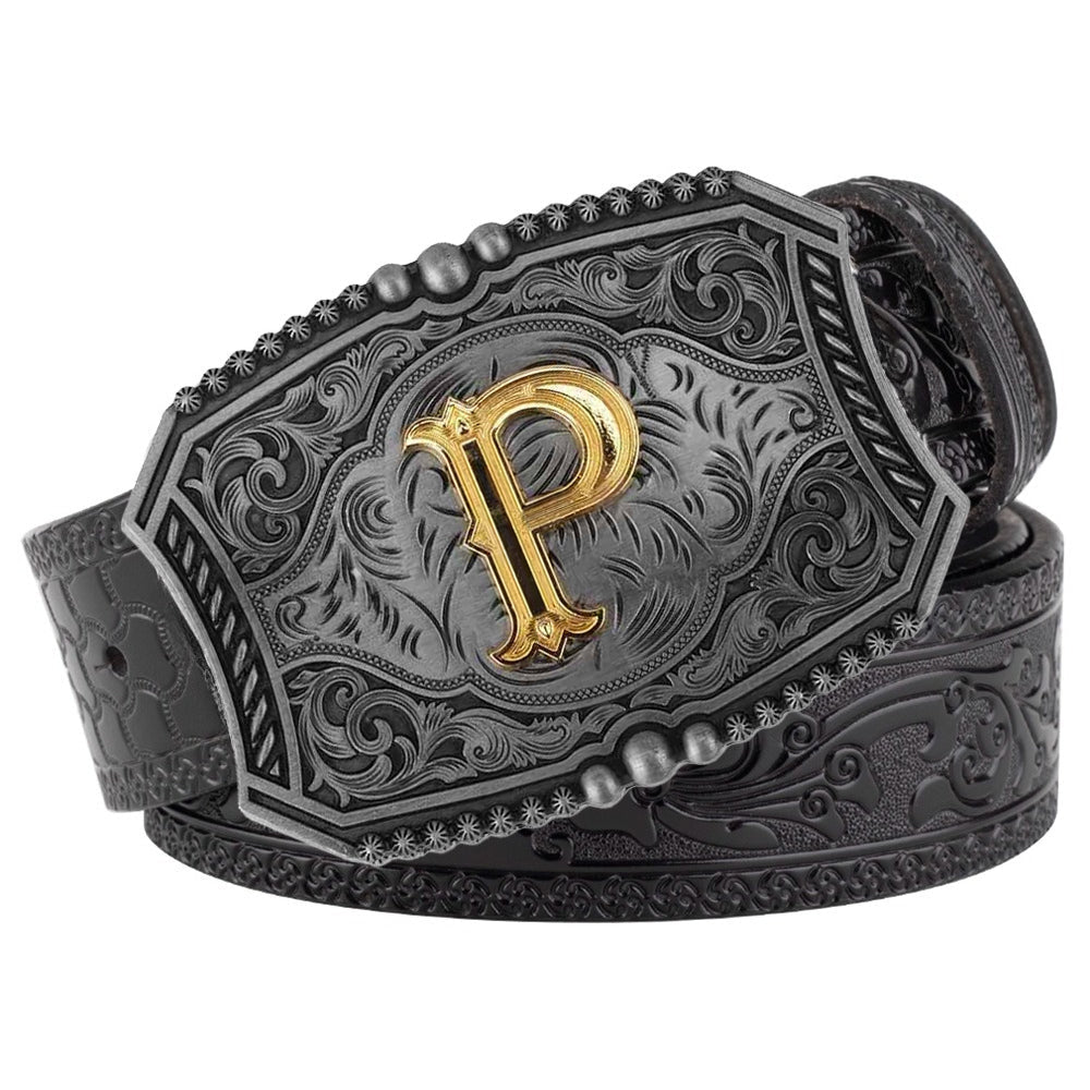 Western Floral Engraved Black Leather Belt with Gold Initial Letters A - Z Buckle - CowderryP