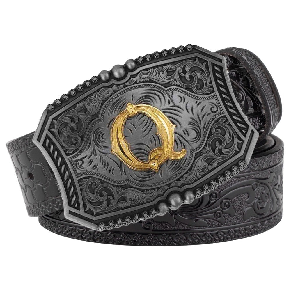 Western Floral Engraved Black Leather Belt with Gold Initial Letters A - Z Buckle - CowderryQ