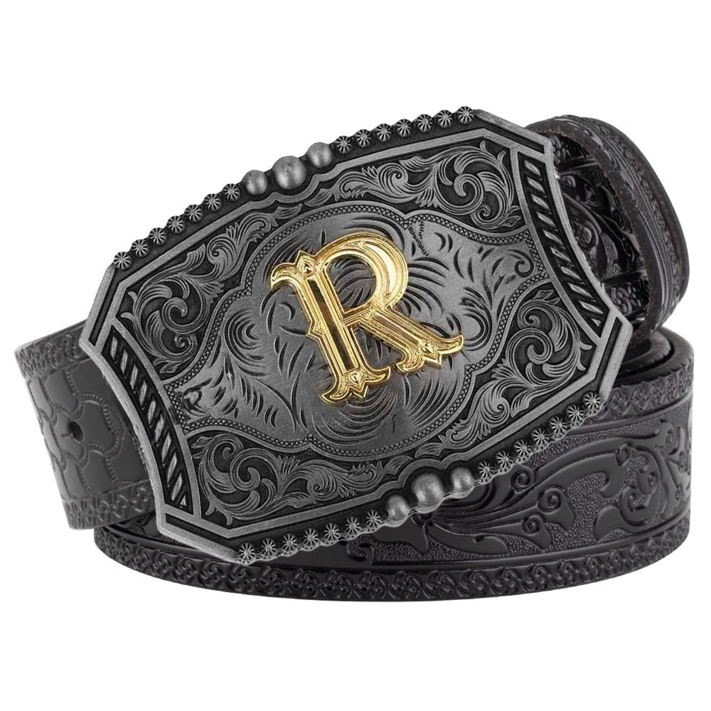 Western Floral Engraved Black Leather Belt with Gold Initial Letters A - Z Buckle - CowderryR