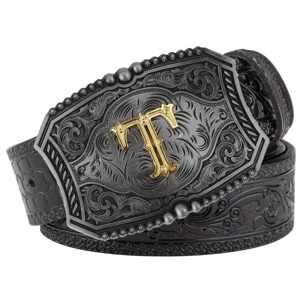 Western Floral Engraved Black Leather Belt with Gold Initial Letters A - Z Buckle - CowderryT