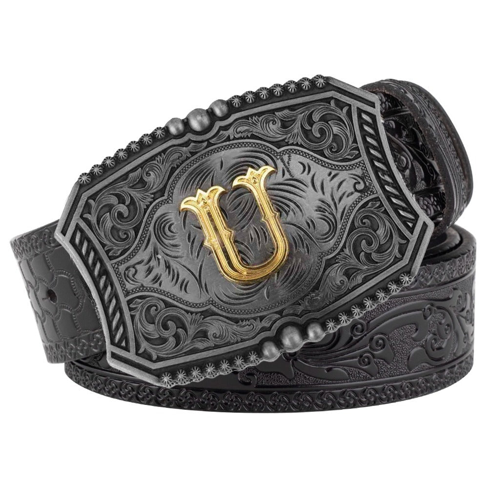 Western Floral Engraved Black Leather Belt with Gold Initial Letters A - Z Buckle - CowderryU