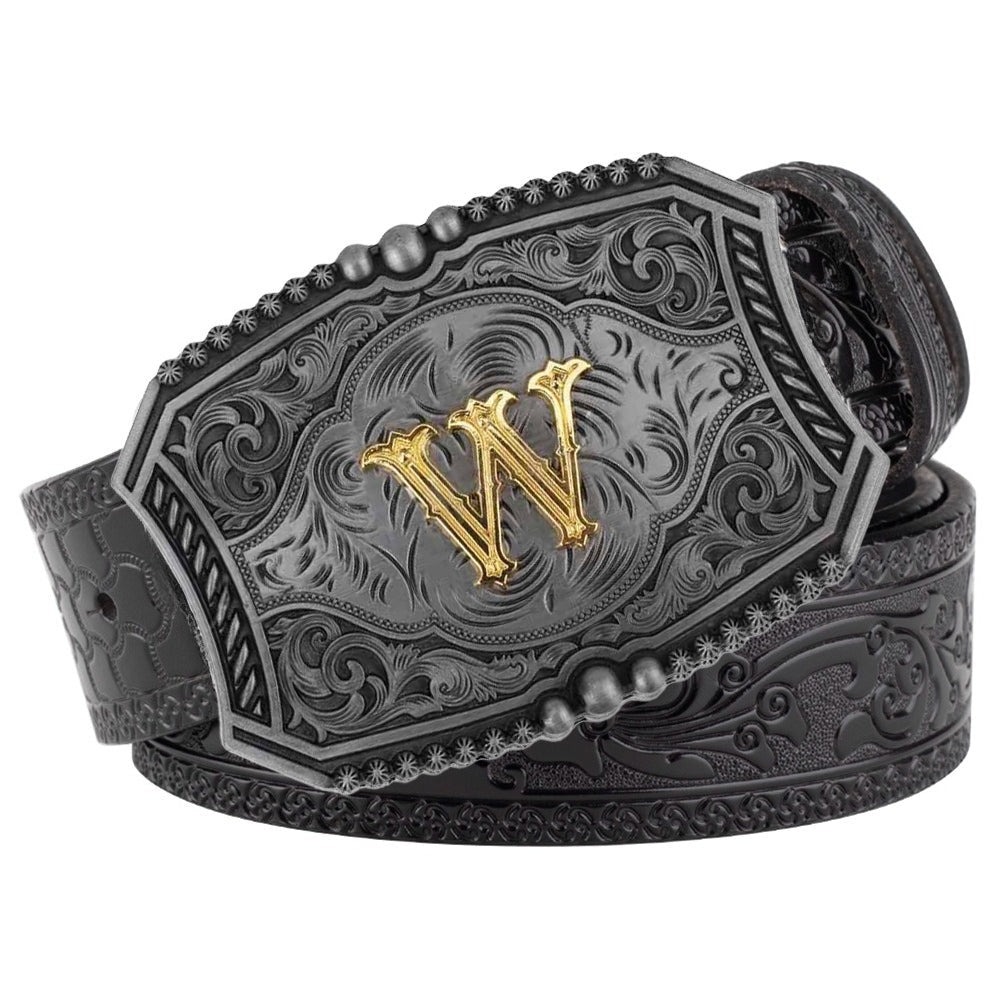 Western Floral Engraved Black Leather Belt with Gold Initial Letters A - Z Buckle - CowderryW