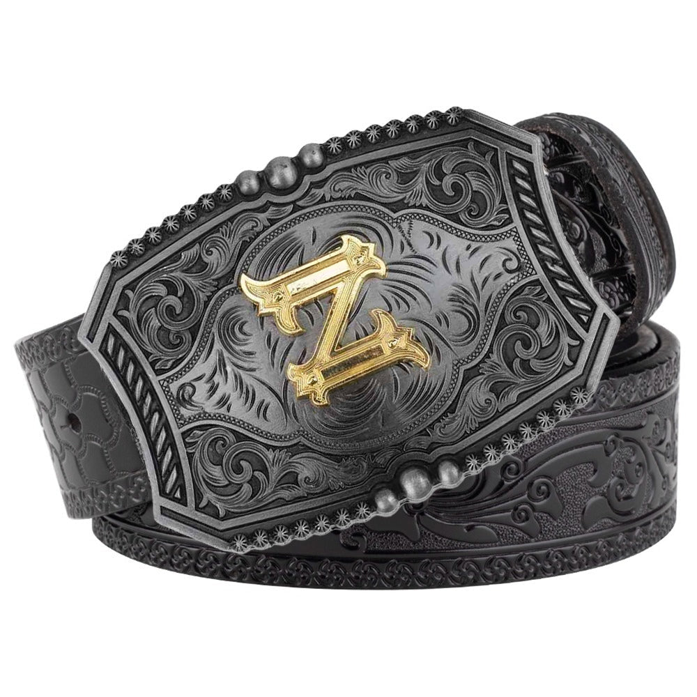 Western Floral Engraved Black Leather Belt with Gold Initial Letters A - Z Buckle - CowderryZ