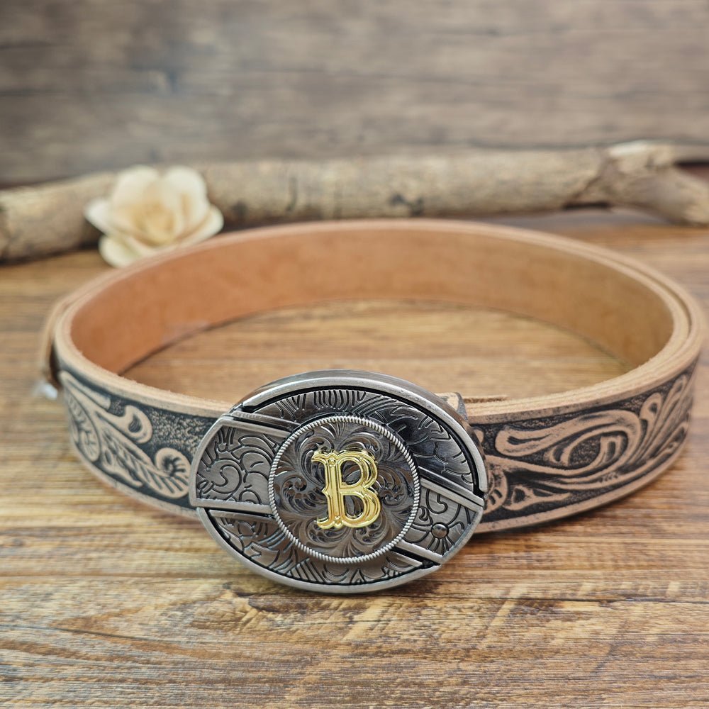 Western Floral Vintage Leather Belt With Cool Initial Buckle - CowderryB