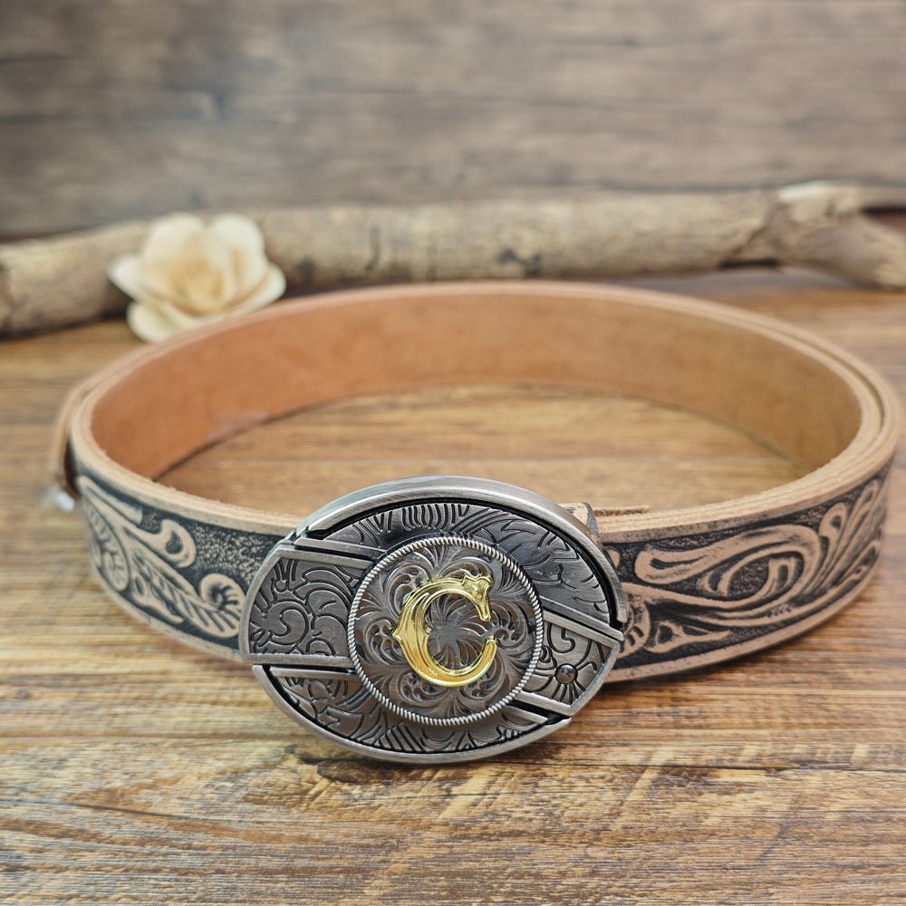 Western Floral Vintage Leather Belt With Cool Initial Buckle - CowderryC