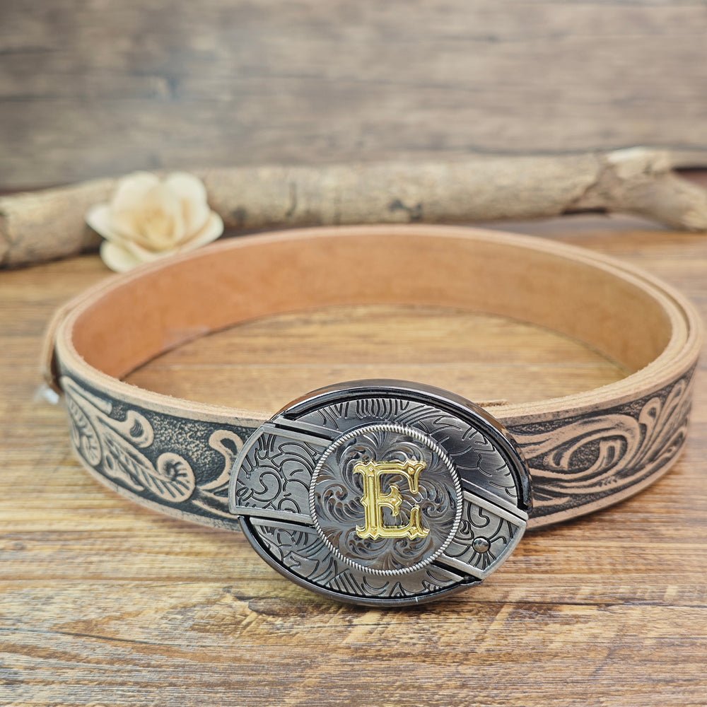 Western Floral Vintage Leather Belt With Cool Initial Buckle - CowderryE