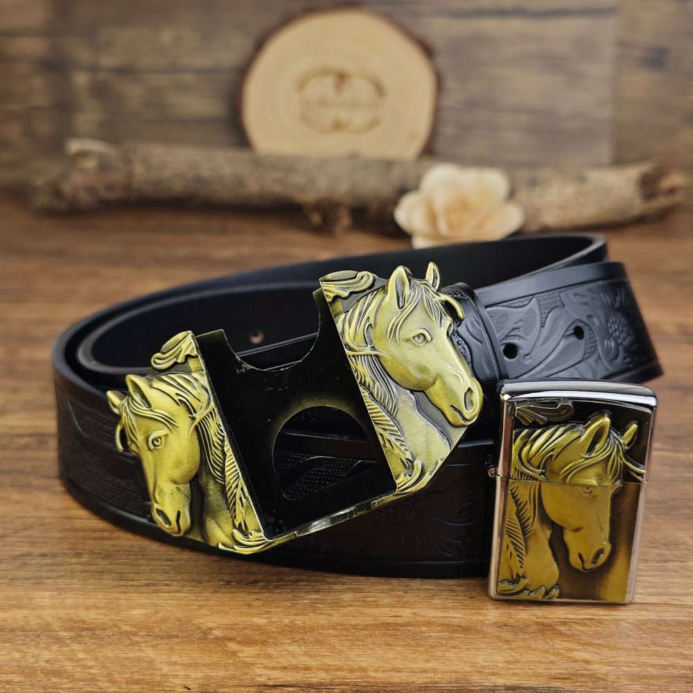 Western Horse Belt With Hidden Lighter - CowderryBeltsBrown