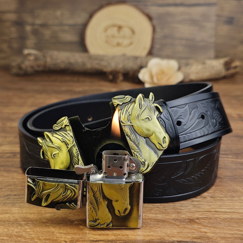 Western Horse Belt With Hidden Lighter - CowderryBeltsBrown