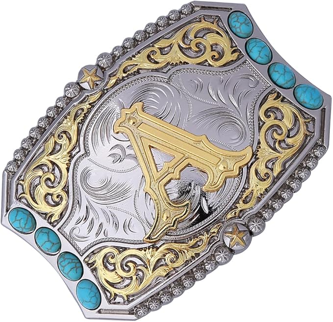 Western Initial Belt Buckle with Turquoise and Gold Silver Engraving - CowderryBelt BucklesA