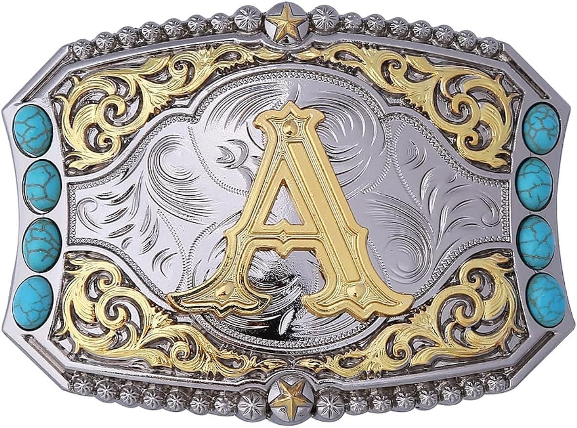 Western Initial Belt Buckle with Turquoise and Gold Silver Engraving - CowderryBelt BucklesA