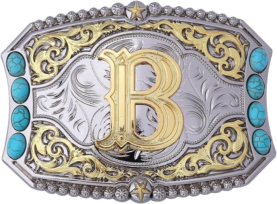 Western Initial Belt Buckle with Turquoise and Gold Silver Engraving - CowderryBelt BucklesB