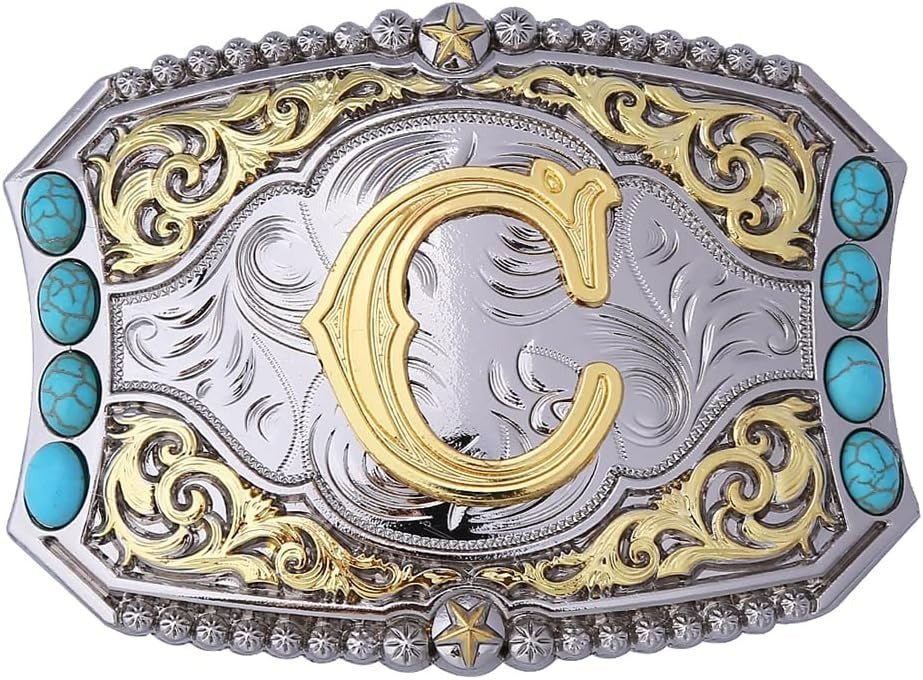 Western Initial Belt Buckle with Turquoise and Gold Silver Engraving - CowderryBelt BucklesC
