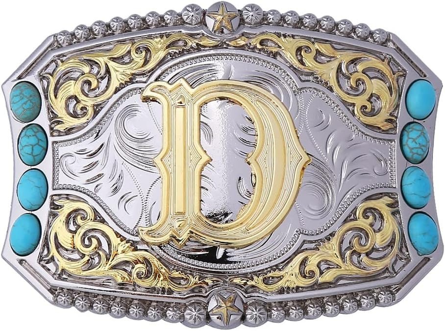 Western Initial Belt Buckle with Turquoise and Gold Silver Engraving - CowderryBelt BucklesD