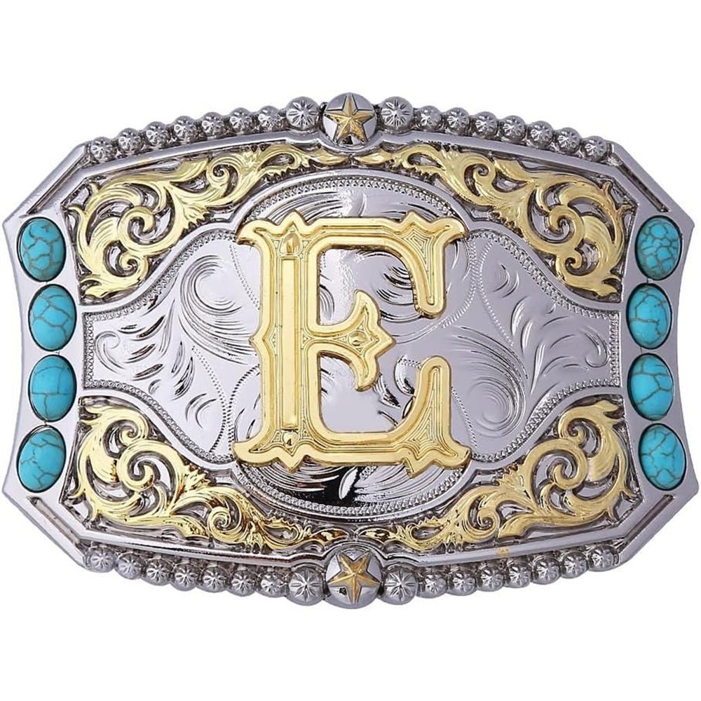 Western Initial Belt Buckle with Turquoise and Gold Silver Engraving - CowderryBelt BucklesE