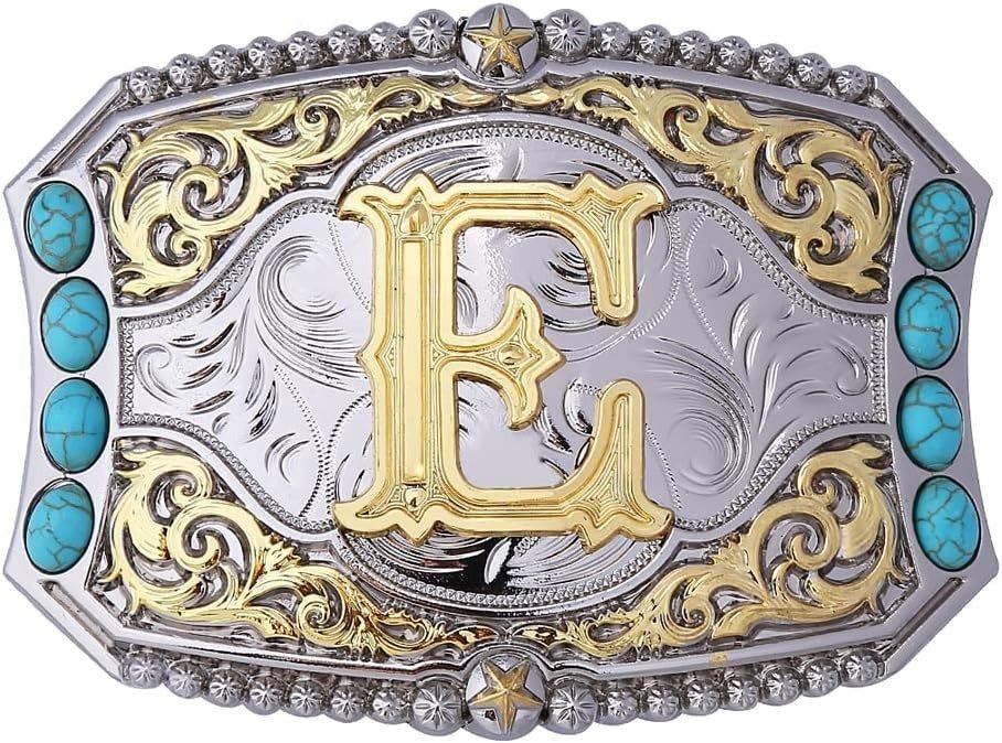 Western Initial Belt Buckle with Turquoise and Gold Silver Engraving - CowderryBelt BucklesE