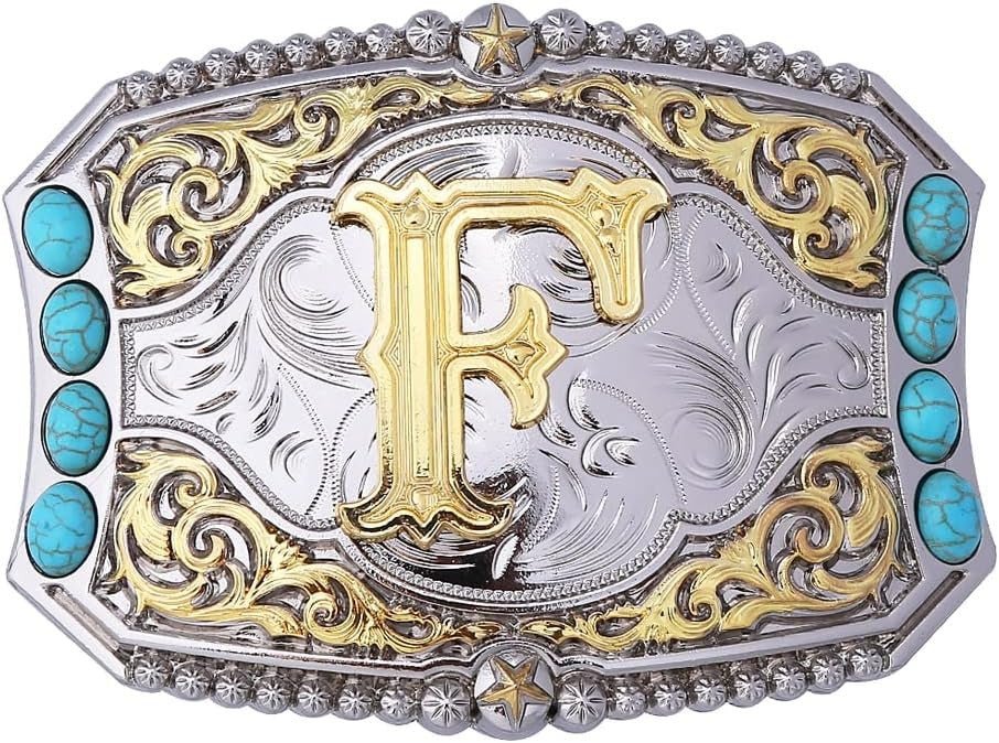 Western Initial Belt Buckle with Turquoise and Gold Silver Engraving - CowderryBelt BucklesF