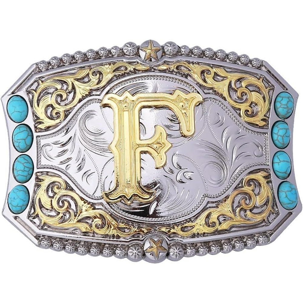 Western Initial Belt Buckle with Turquoise and Gold Silver Engraving - CowderryBelt BucklesF