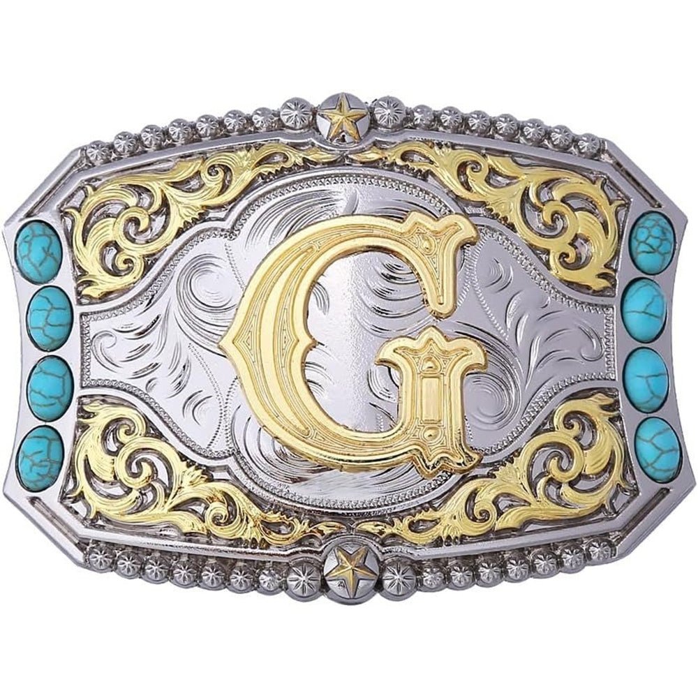 Western Initial Belt Buckle with Turquoise and Gold Silver Engraving - CowderryBelt BucklesG