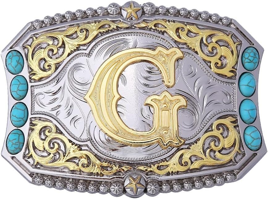 Western Initial Belt Buckle with Turquoise and Gold Silver Engraving - CowderryBelt BucklesG