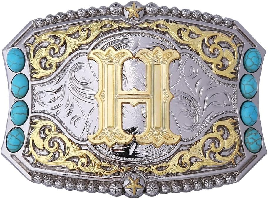 Western Initial Belt Buckle with Turquoise and Gold Silver Engraving - CowderryBelt BucklesH