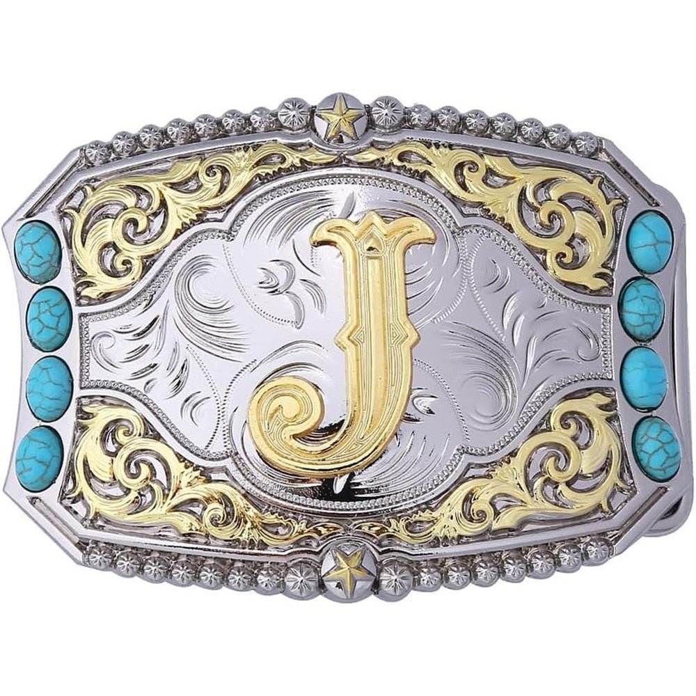 Western Initial Belt Buckle with Turquoise and Gold Silver Engraving - CowderryBelt BucklesJ