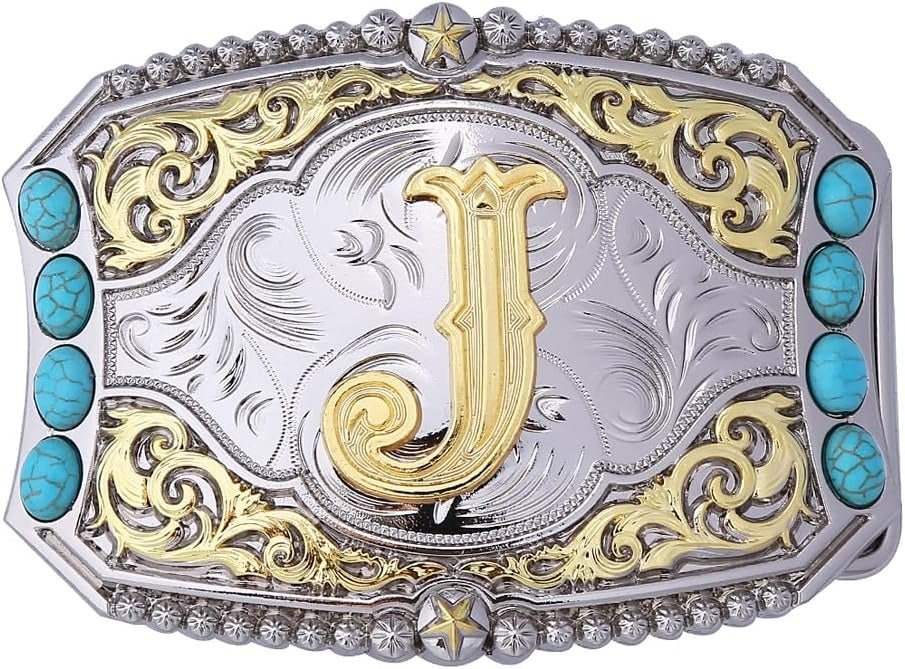 Western Initial Belt Buckle with Turquoise and Gold Silver Engraving - CowderryBelt BucklesJ