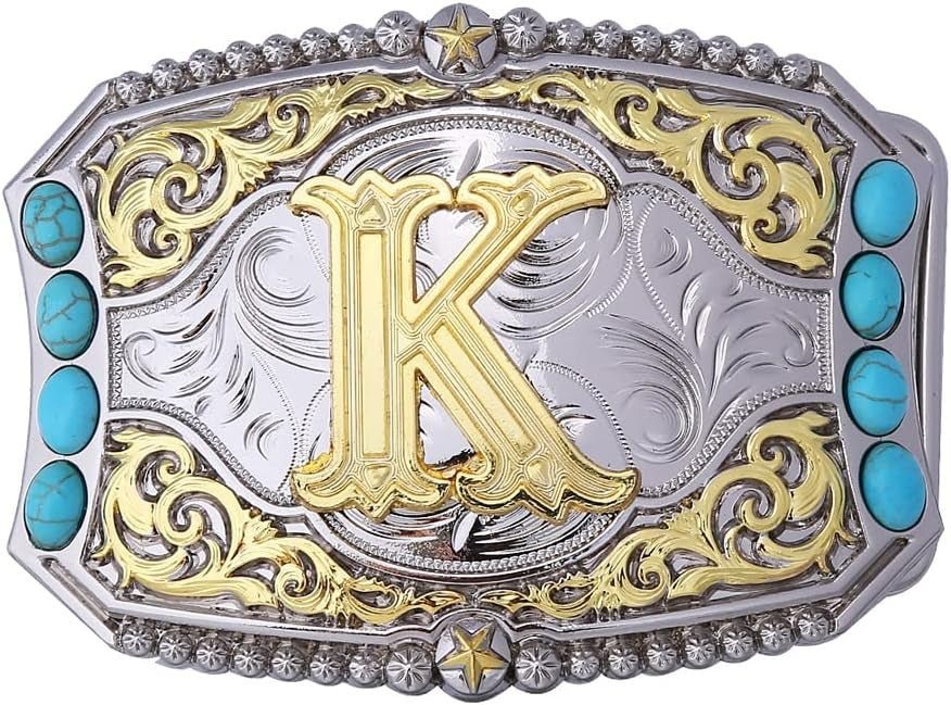 Western Initial Belt Buckle with Turquoise and Gold Silver Engraving - CowderryBelt BucklesK