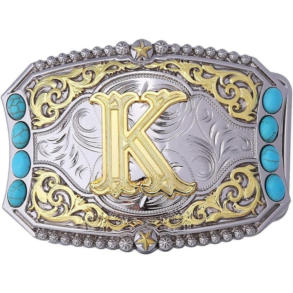 Western Initial Belt Buckle with Turquoise and Gold Silver Engraving - CowderryBelt BucklesK