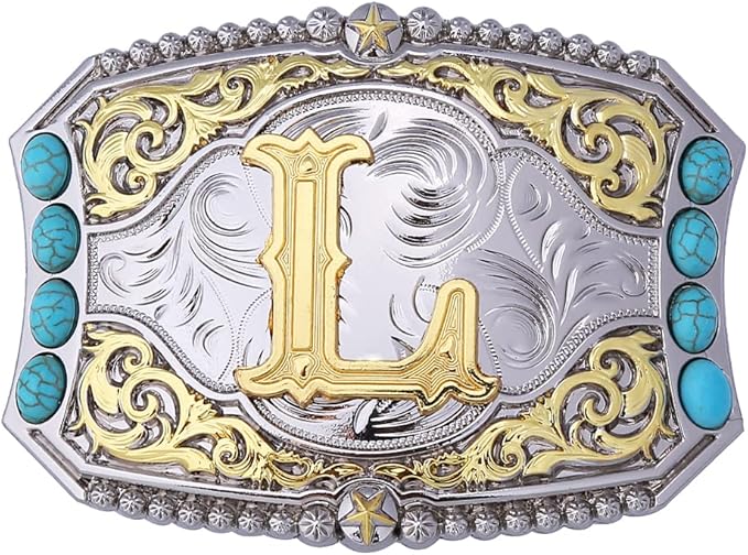 Western Initial Belt Buckle with Turquoise and Gold Silver Engraving - CowderryBelt BucklesL