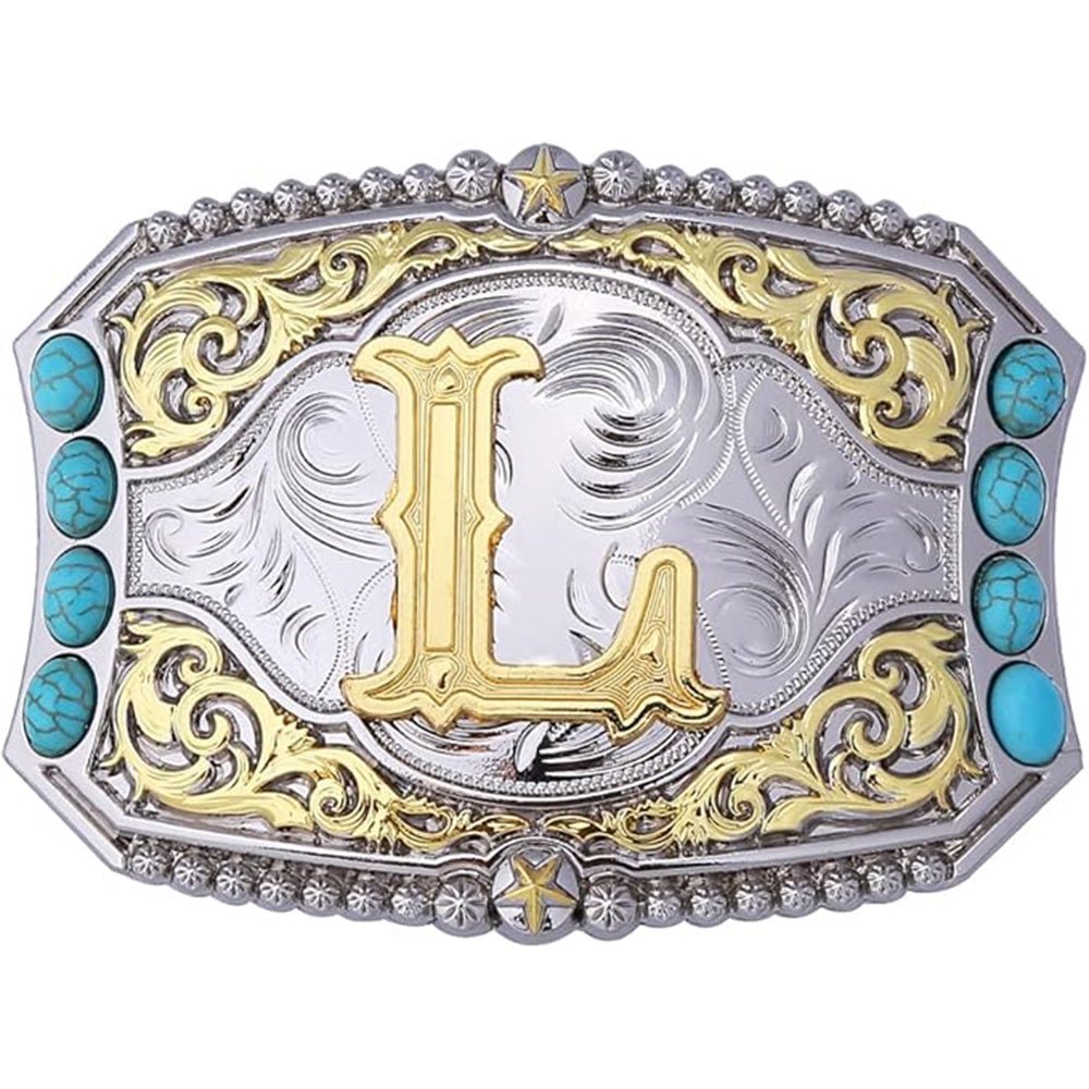 Western Initial Belt Buckle with Turquoise and Gold Silver Engraving - CowderryBelt BucklesL