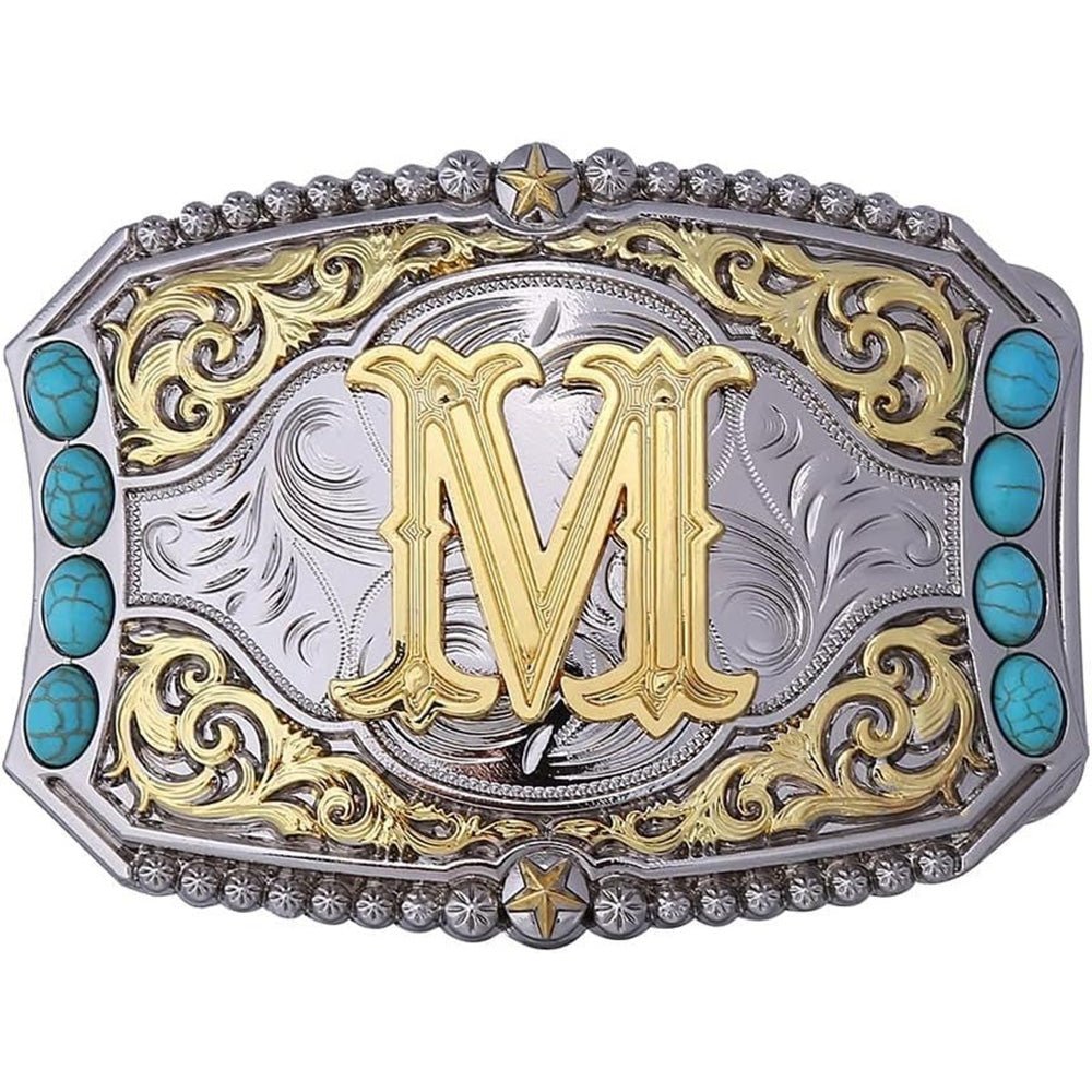 Western Initial Belt Buckle with Turquoise and Gold Silver Engraving - CowderryBelt BucklesM