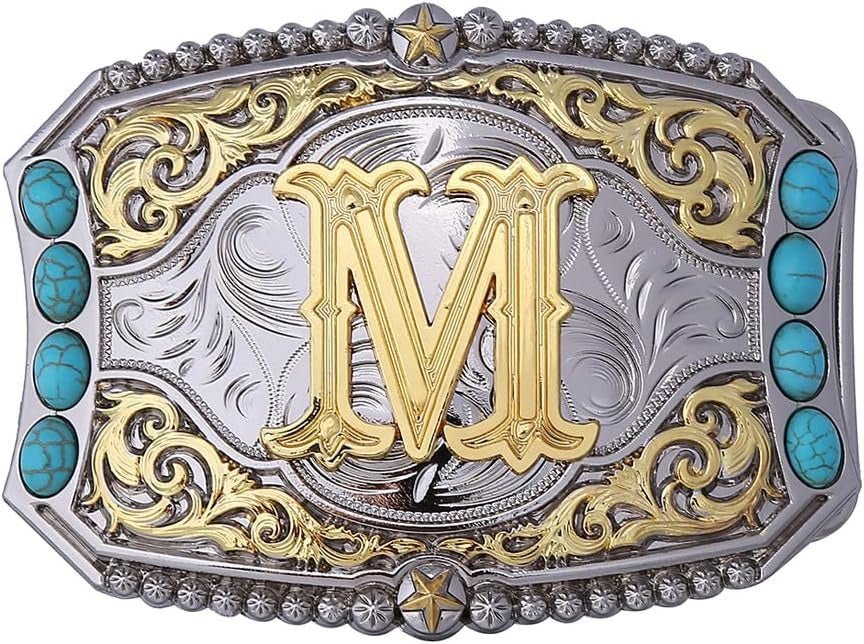 Western Initial Belt Buckle with Turquoise and Gold Silver Engraving - CowderryBelt BucklesM