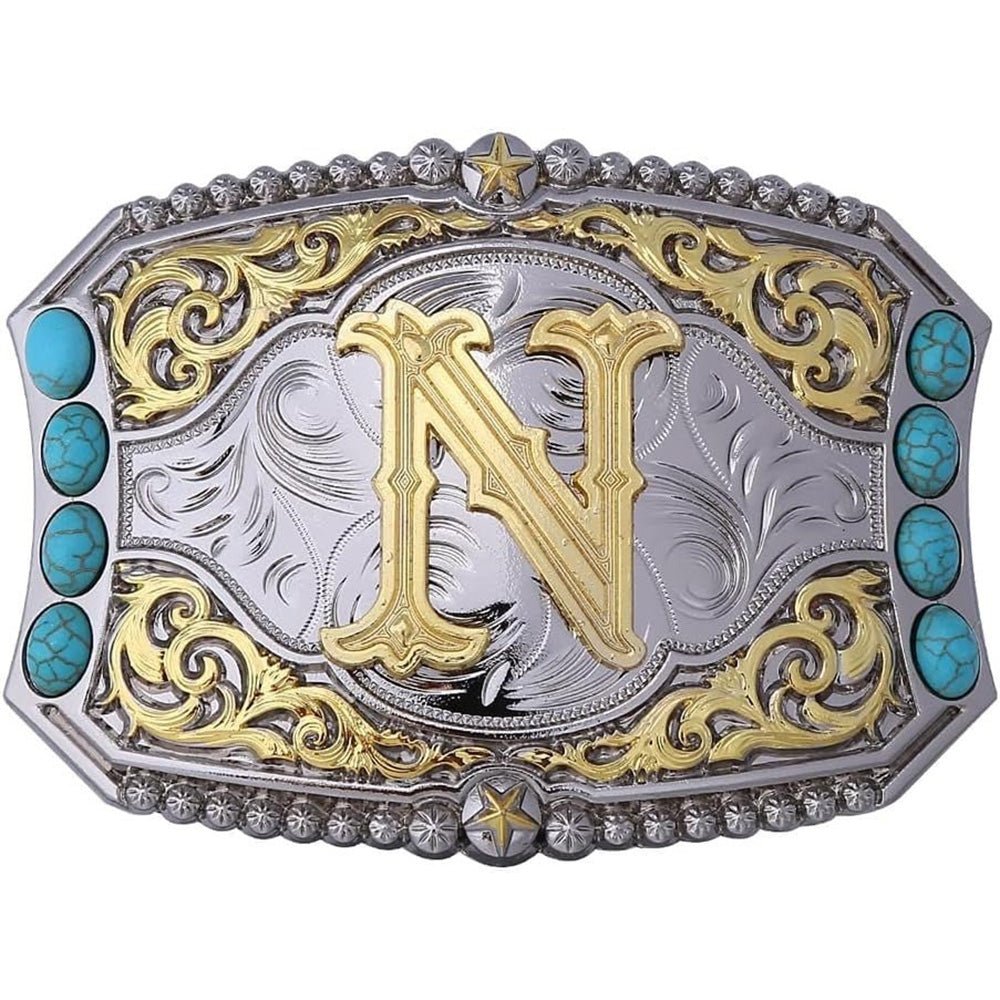 Western Initial Belt Buckle with Turquoise and Gold Silver Engraving - CowderryBelt BucklesN