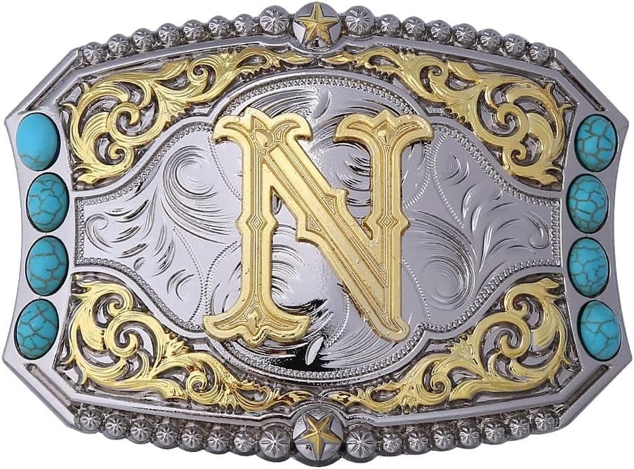 Western Initial Belt Buckle with Turquoise and Gold Silver Engraving - CowderryBelt BucklesN