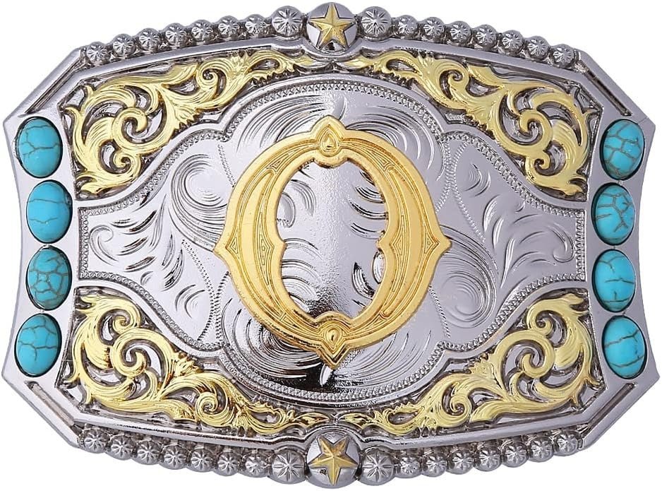 Western Initial Belt Buckle with Turquoise and Gold Silver Engraving - CowderryBelt BucklesO